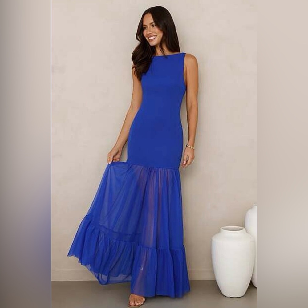 Elegant Royal Blue Sleeveless/Open Back Maxi Dress